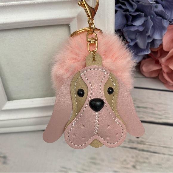 Pretty Pink Hound Dog on Pink Pom Pom Keychain - Picture 3 of 9